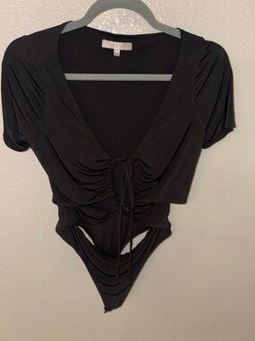 WAYF Black Spandex/ Poly Key Hole Front Short Sleeve Thong Bodysuit Size S NWOT!